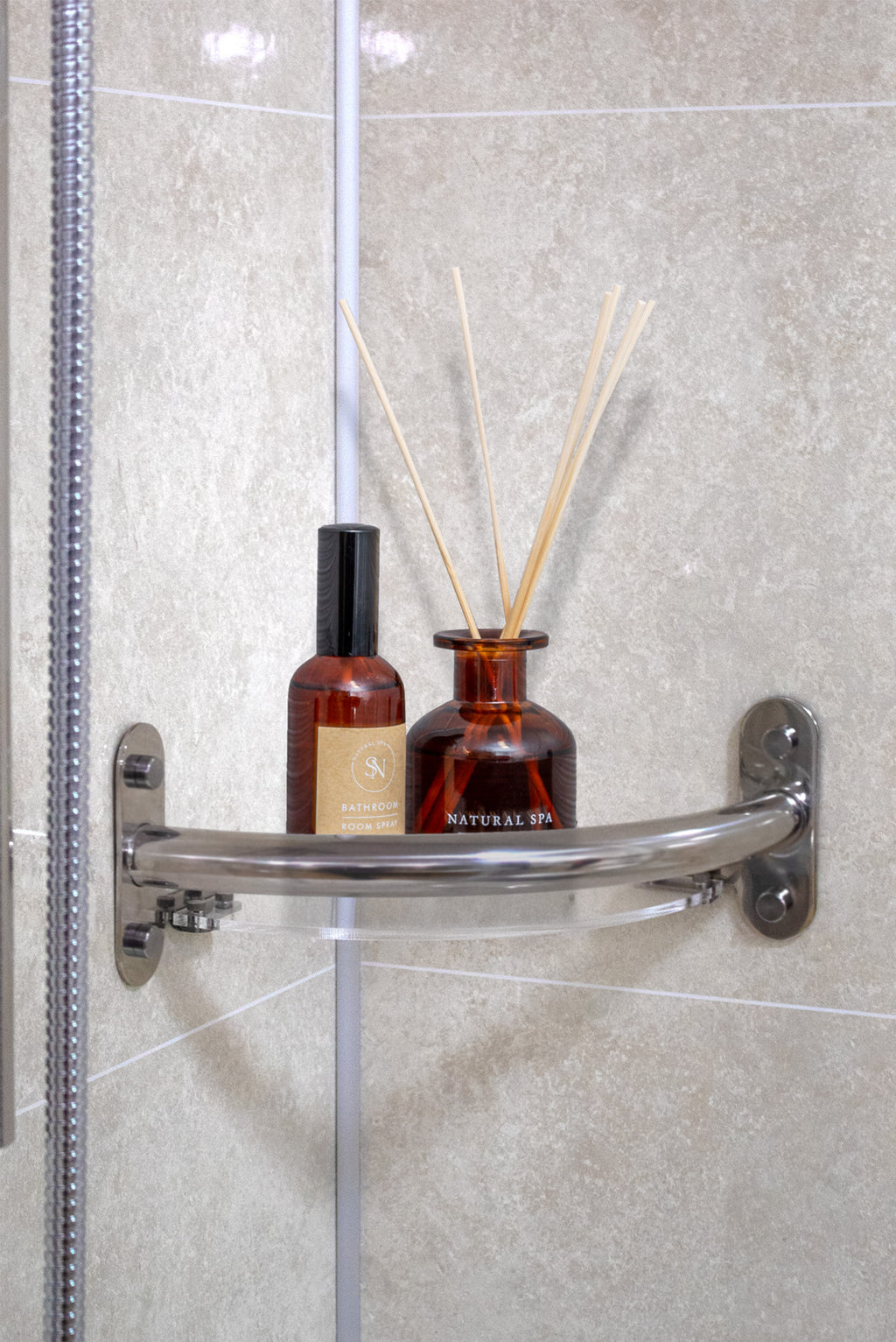 Invisible Creations Corner Shelf - Brushed in bathroom