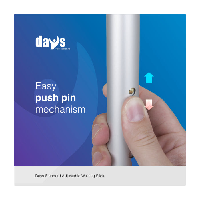 the image shows a close of the easy push pin mechanism on the days standard adjustable walking stick