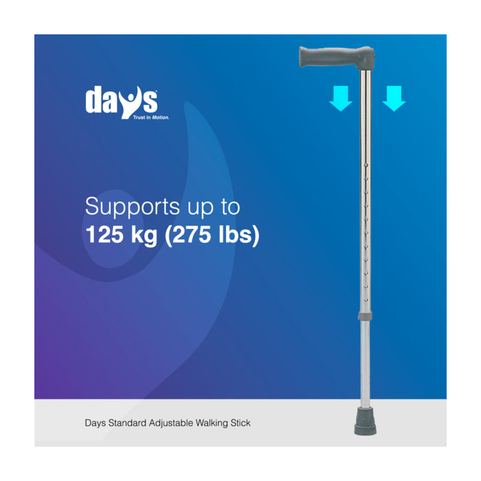 the image shows that the days standard adjustable walking stick has a weight limit of 125 kg (275 lbs)