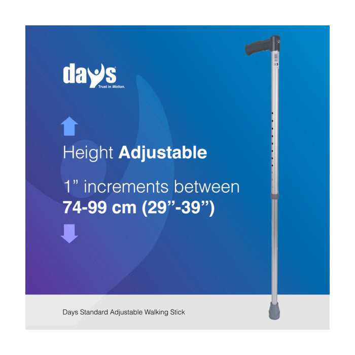 the image shows that the walking stick can be adjusted in 1 inch increments between 74 and 99 centimetres