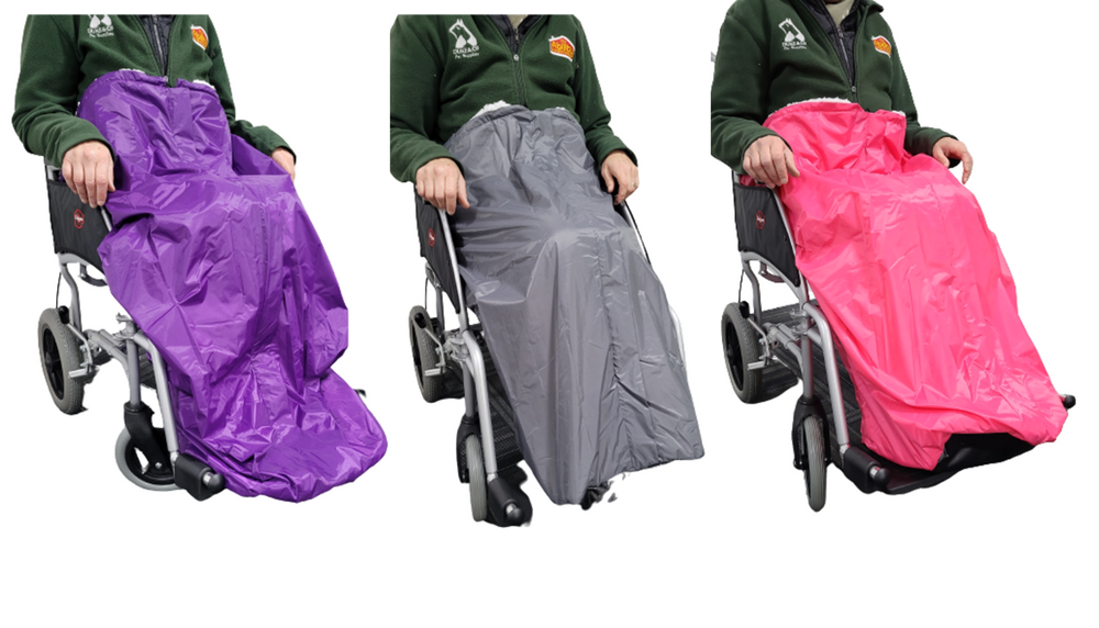 The three colours of the wheelchair apron, purple, grey, and pink