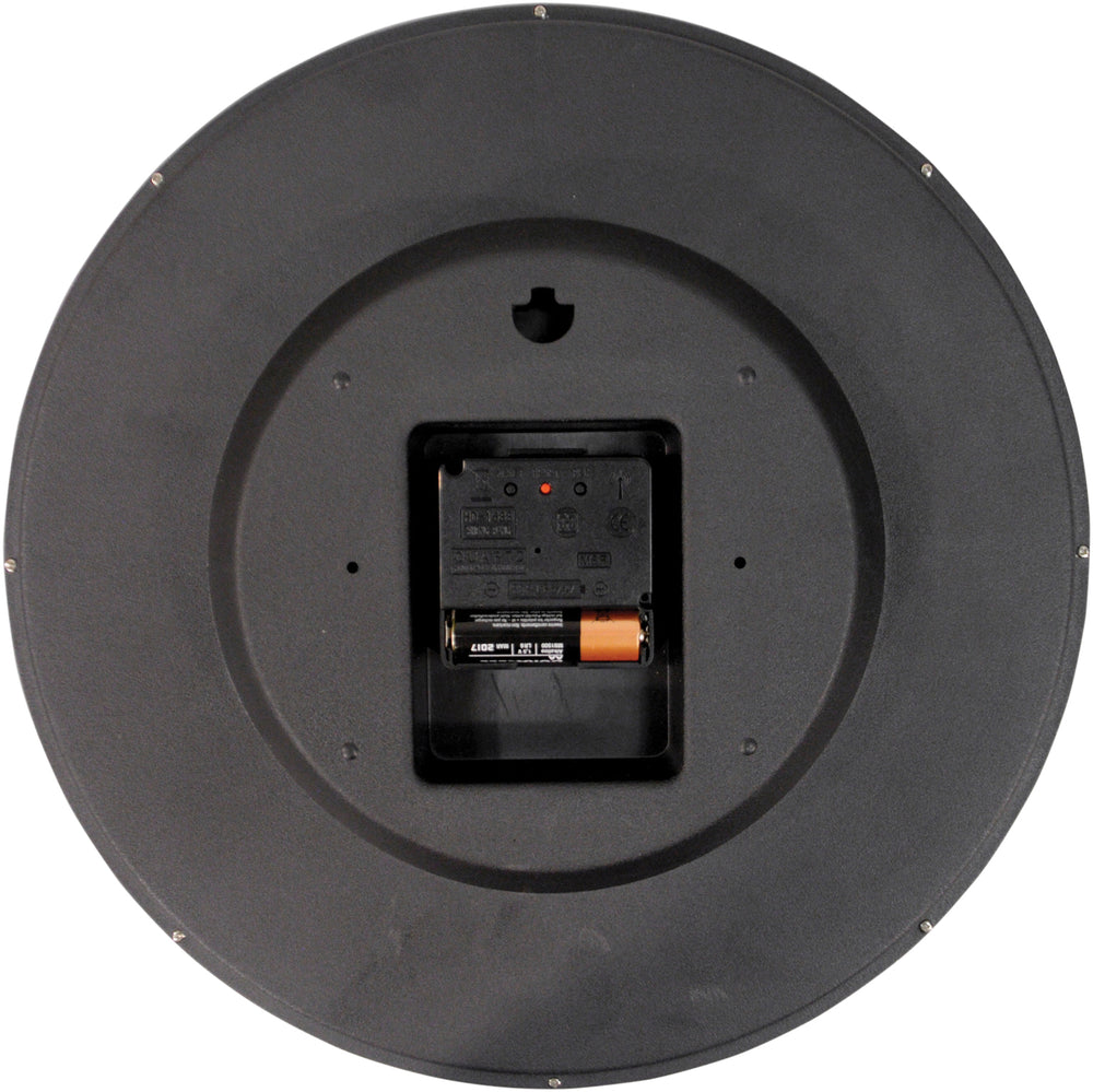 A rear view of the Radio Controlled Clock showing the area where it hangs on to a hook and the battery compartment