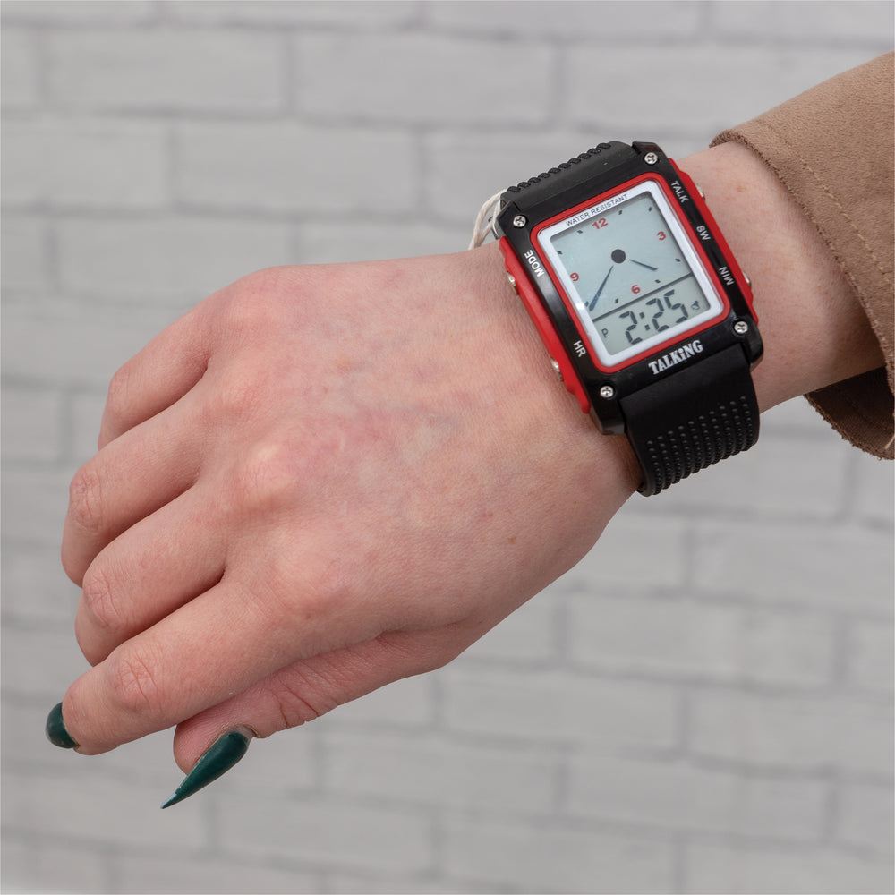 The analogue style water resistant talking digital watch, being worn by someone