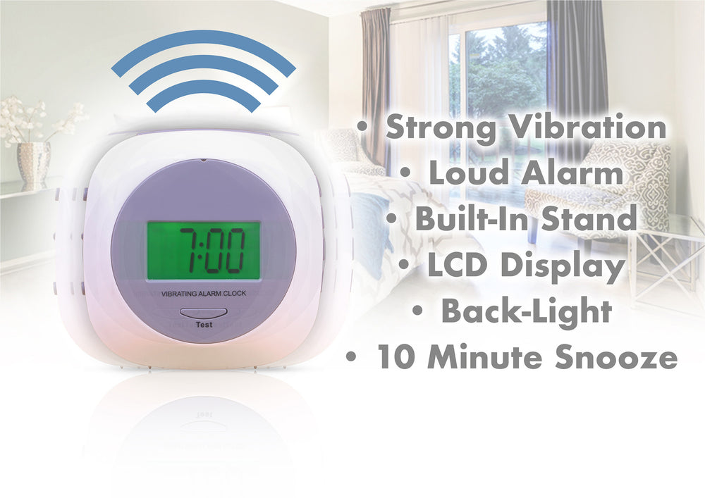 A picture of the alarm clock with the text: Strong Vibration, Loud Alarm, Built-In Stand, LCD Display, Back-light & 10 Minute Snooze