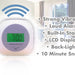A picture of the alarm clock with the text: Strong Vibration, Loud Alarm, Built-In Stand, LCD Display, Back-light & 10 Minute Snooze
