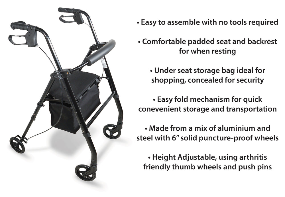 The rollator with the following text. Easy to assemble, Comfy padded seat, Under seat storage, Easy fold for storage and transport, Made from aluminium and steel, Height adjustable with arthritis friendly thumb wheels and push pins