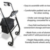 The rollator with the following text. Easy to assemble, Comfy padded seat, Under seat storage, Easy fold for storage and transport, Made from aluminium and steel, Height adjustable with arthritis friendly thumb wheels and push pins