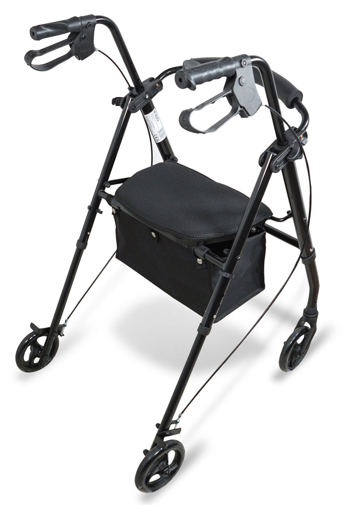 A rear view of the black Lightweight Four Wheeled Rollator