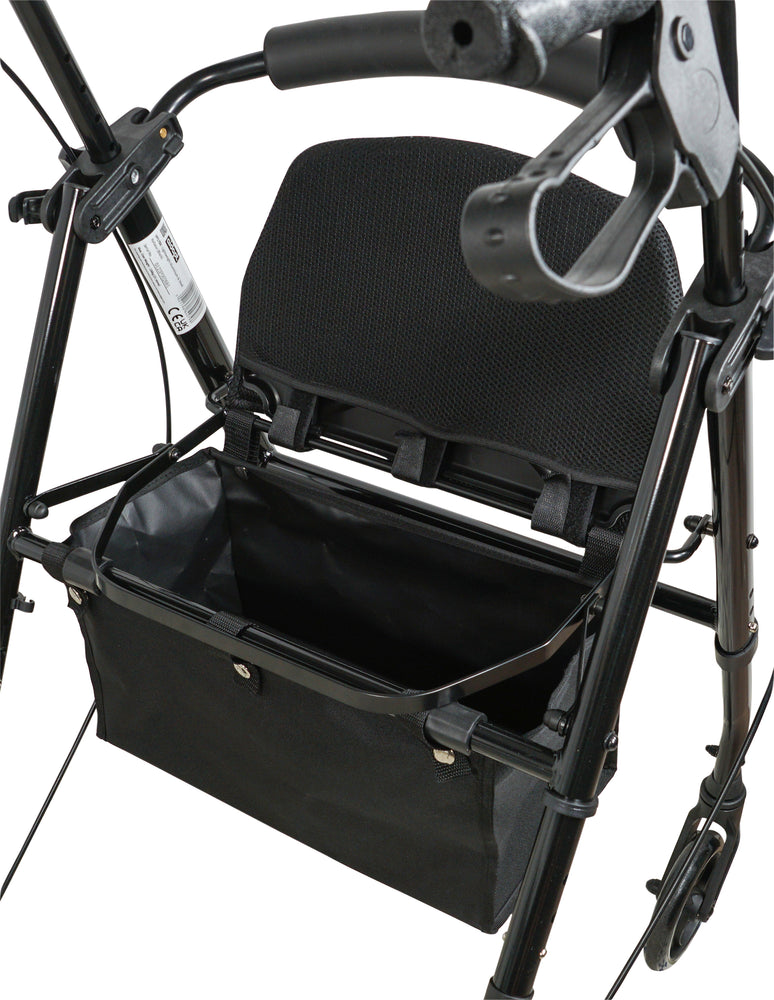 A view of the inside of the bag on the black Lightweight Four Wheeled Rollator