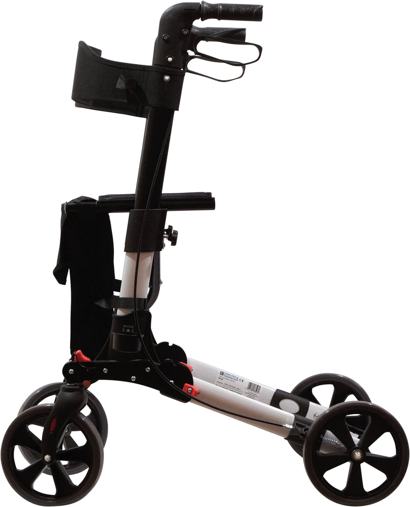A side view of a White Deluxe Fold Flat Rollator