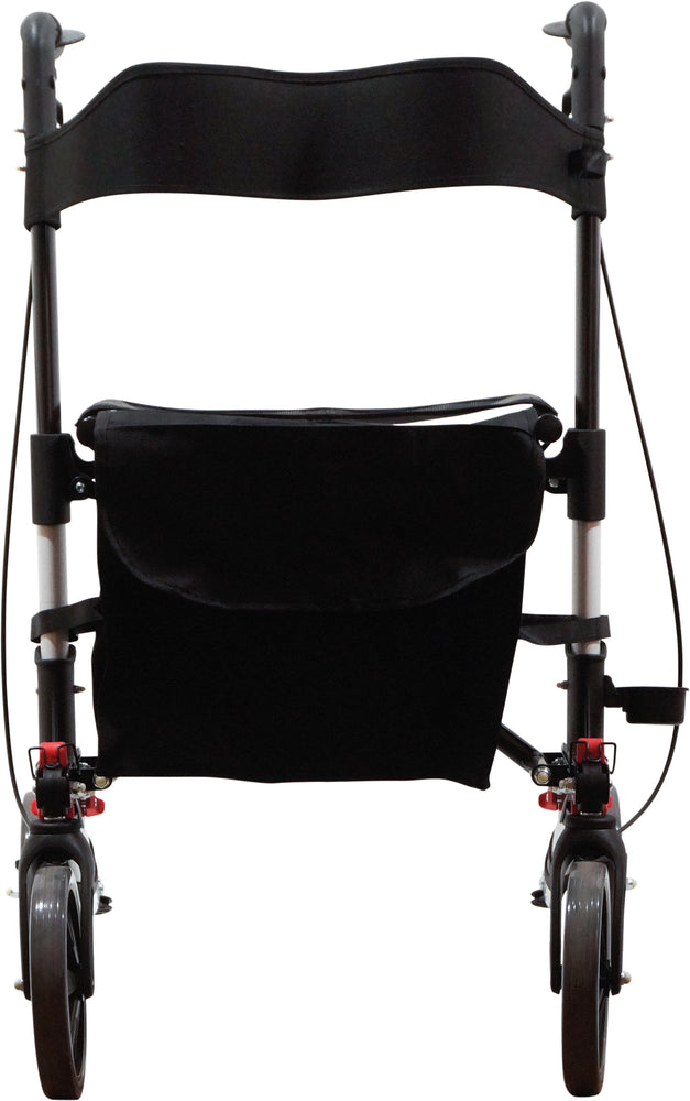 A rear view of the White Deluxe Fold Flat Rollator