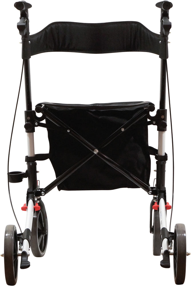 A rear view of a White Deluxe Fold Flat Rollator
