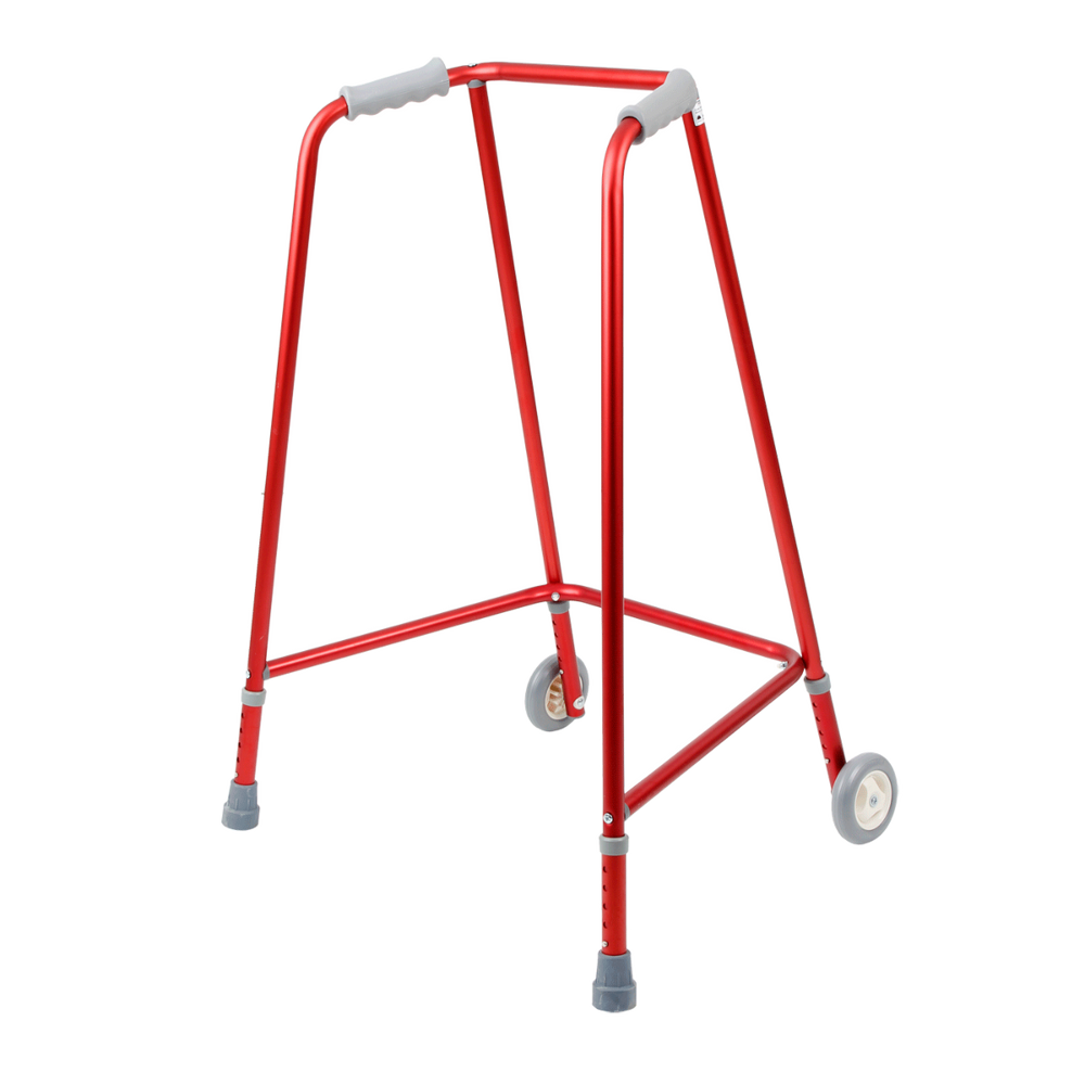 Diagonal view of the Days Red Adjustable Height Wheeled Walking Frames