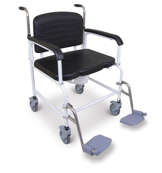 the image shows the bariatric mobile commode with footrests