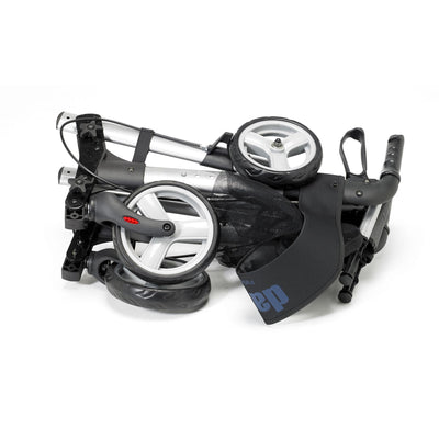 the image shows a folded up deluxe lightweight rollator