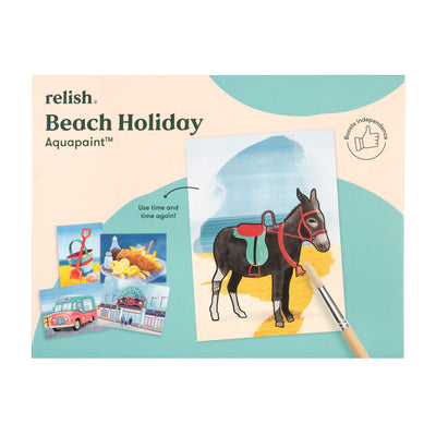 the beach holiday aquapaint box with a painting of a donkey on it