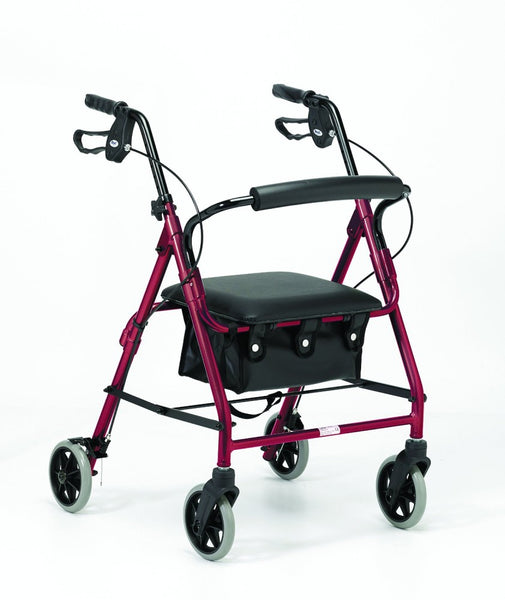 A front view of the Ruby Red 100 Series Four Wheel Rollator