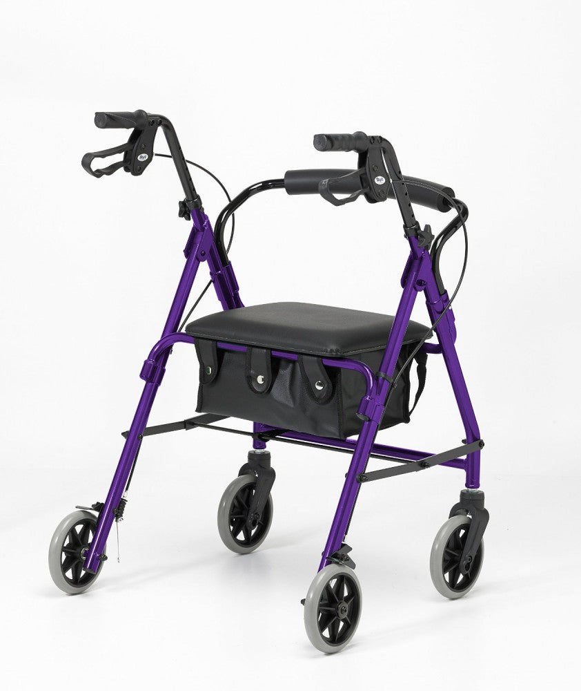 A rear view of the purple 100 Series Four Wheel Rollator 