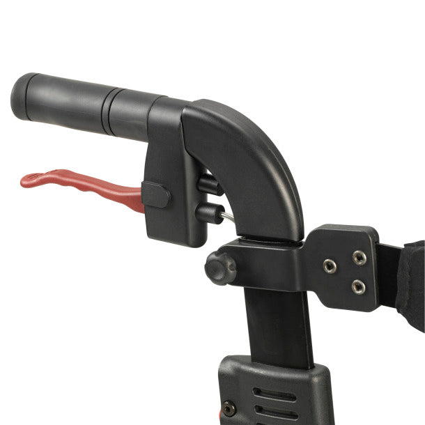 shows a close up of the handle and brake on the nitro hd rollator