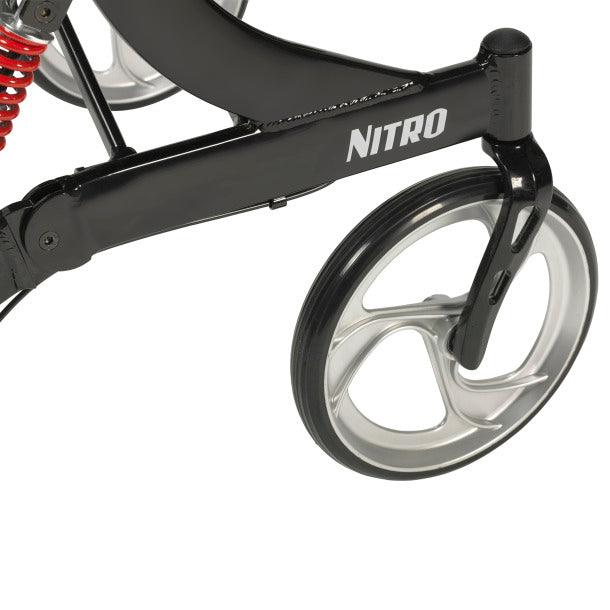 shows a close up of the wheel on a nitro hd rollator