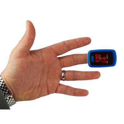 The Lifemax Fingertip Pulse Oximeter being used