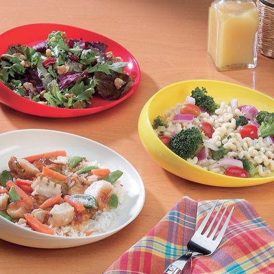 shows all three colour options for the round scoop dish, each with food on them
