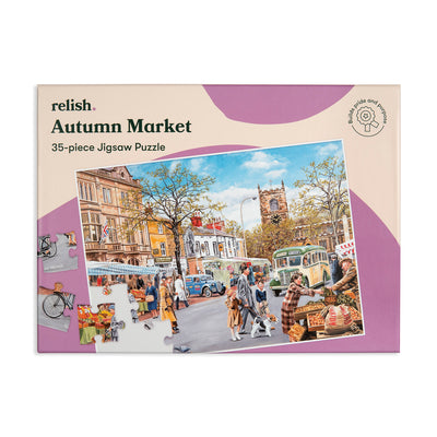 shows the cover of the autumn market jigsaw box