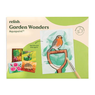 shows the garden wonders aquapaint box with a picture of a robin on it.