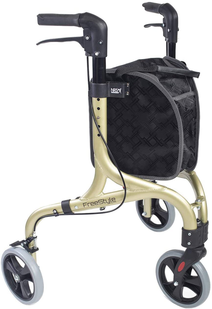 The image shows the champagne coloured freestyle tri/three wheeled walker