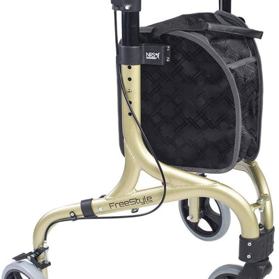 The image shows the champagne coloured freestyle tri/three wheeled walker