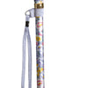 shows a walking stick strap attached to a floral patterned cane