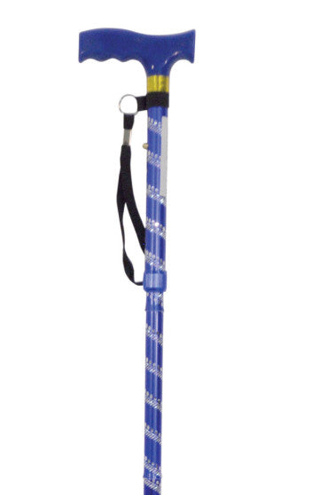 shows the blue extendable walking stick with engraved pattern