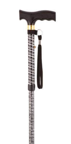 shows the black extendable walking stick with engraved pattern