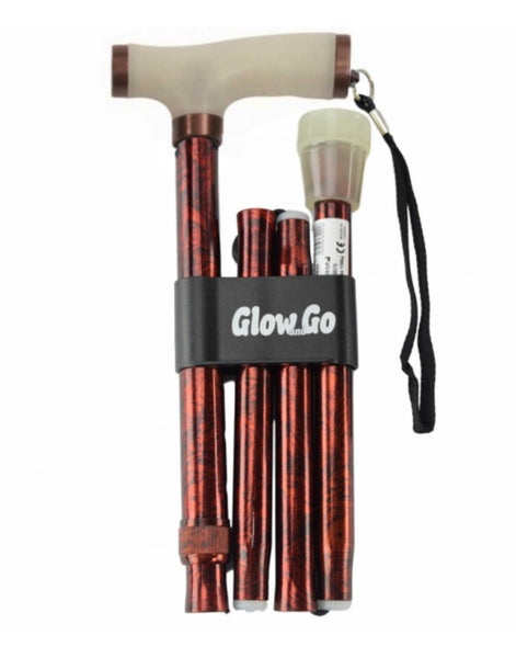 the image shows the copper version of the folding walking stick with glow grip handle