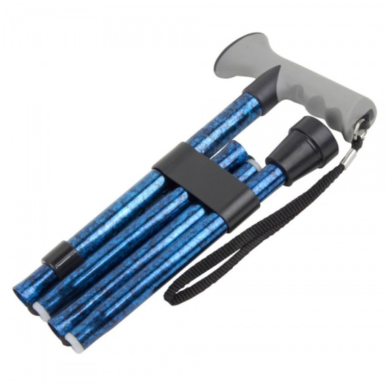 shows a folded up blue folding walking stick with gel grip handle and folding stick clip