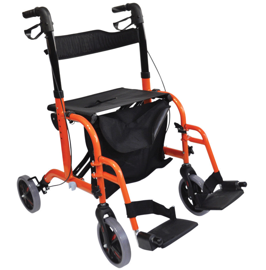 shows the duo deluxe rollator and transit chair in orange