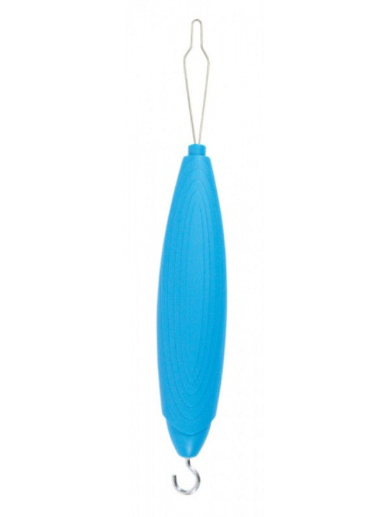 shows the blue plastic handled button hook zipper