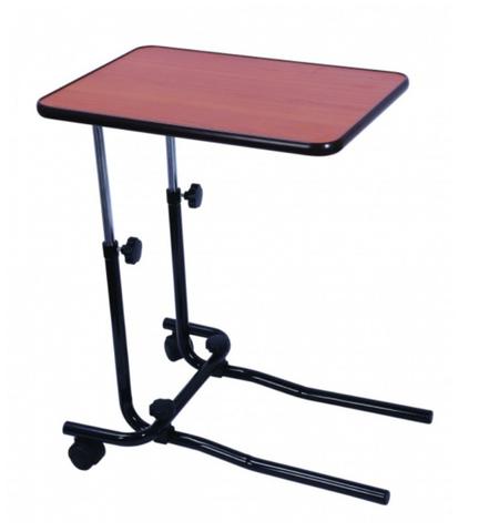 shows the overbed/chair wheeled table with two wheels