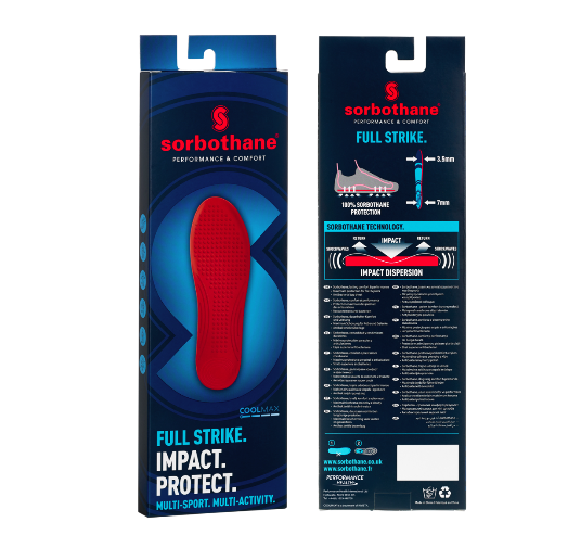 shows the packaging of a sorbathane full strike insole