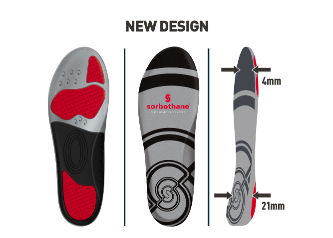 A diagram of the dimensions of the Sorbothane Sorbo Pro Insoles