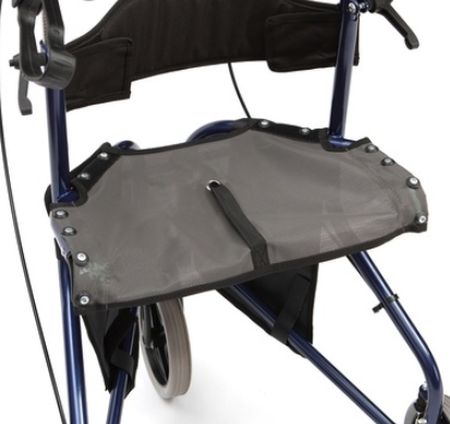 shows the seat of the red tri-walker walking aid with seat