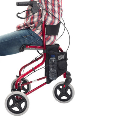 shows someone sitting on the red tri-walker walking aid with seat