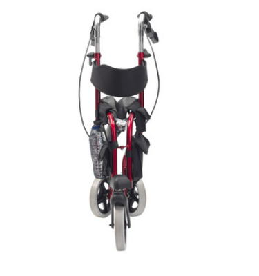 shows a folded up red tri-walker walking aid with seat