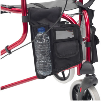 shows the side bag on a red tri-walker walking aid