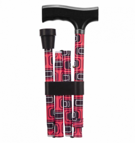 shows the  swirl design retro pattern walking stick when fully folded up