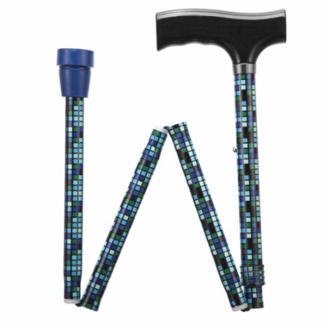shows the square design retro pattern folding adjustable walking stick when partially folded
