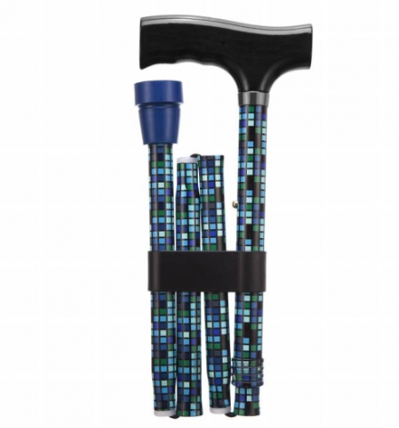 shows the square pattern folding adjustable walking stick when fully folded compact
