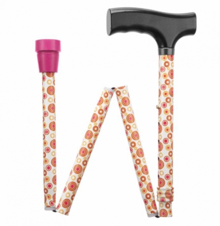 shows the circle design retro pattern folding adjustable walking stick when folding