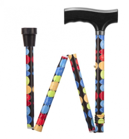 shows the bubble design retro pattern folding adjustable walking stick when folded
