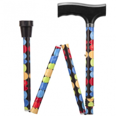 shows the bubble design retro pattern folding adjustable walking stick when folded